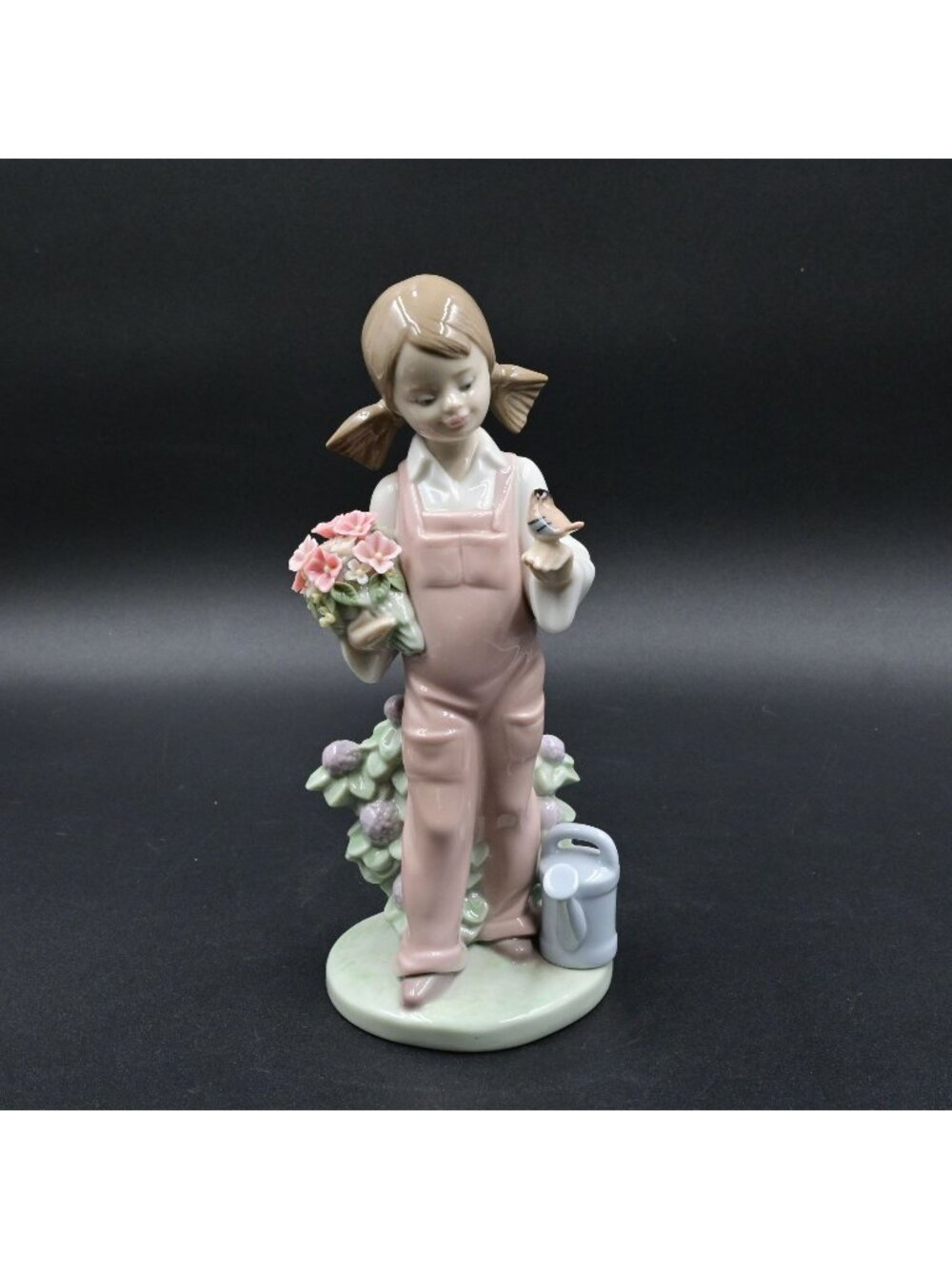 Lladro Spring Girl Porcelain Figurine 5217 Pink Overalls Bird Flowers Vintage
